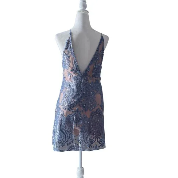 NWT Free People Night Shimmers Mini Dress Blue Sequin SZ 10 - Picture 5 of 13